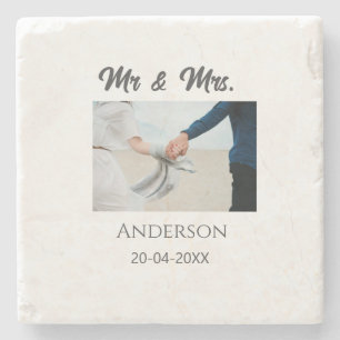 Mr & Mrs add family name date year wedding favor g Stone Coaster