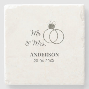 Mr & Mrs add family name date year wedding favor g Stone Coaster