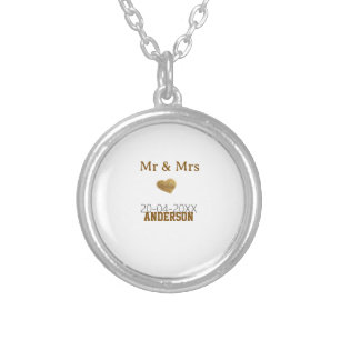 Mr & Mrs add family name golden glitter heart spar Silver Plated Necklace