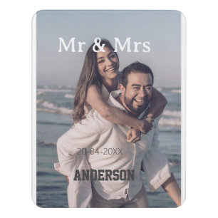 Mr & Mrs add family name photo date wedding family Door Sign