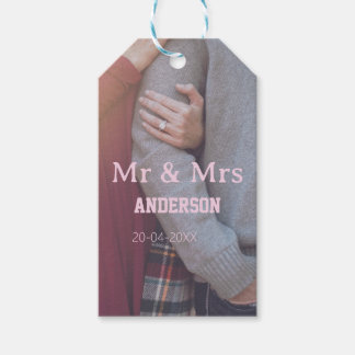 Mr & Mrs add family name photo date wedding family Gift Tags