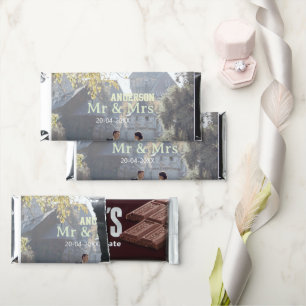 Mr & Mrs add family name photo date wedding family Hershey Bar Favors