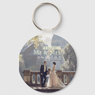 Mr & Mrs add family name photo date wedding family Keychain