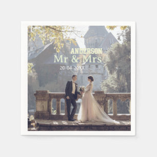 Mr & Mrs add family name photo date wedding family Napkins