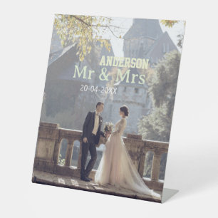 Mr & Mrs add family name photo date wedding family Pedestal Sign
