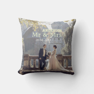 Mr & Mrs add family name photo date wedding family Throw Pillow