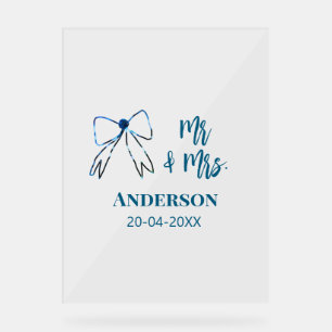 Mr & Mrs add name date wedding favor bow blue gree Acrylic Sign