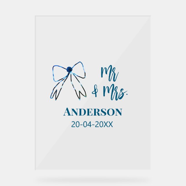Mr & Mrs add name date wedding favor bow blue gree Acrylic Sign (Front)