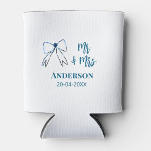 Mr & Mrs add name date wedding favor bow blue gree Can Cooler