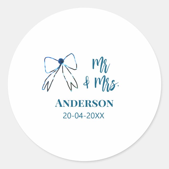 Mr & Mrs add name date wedding favor bow blue gree Classic Round Sticker (Front)