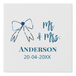 Mr & Mrs add name date wedding favor bow blue gree Faux Canvas Print
