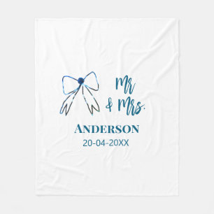 Mr & Mrs add name date wedding favor bow blue gree Fleece Blanket