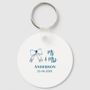 Mr & Mrs add name date wedding favor bow blue gree Keychain