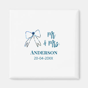 Mr & Mrs add name date wedding favor bow blue gree Magnet