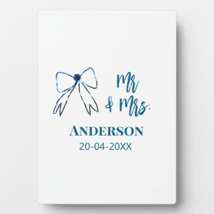 Mr & Mrs add name date wedding favor bow blue gree Plaque