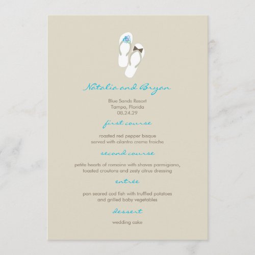 Mr  Mrs Aqua Flip Flops Beach Wedding Menu Card