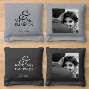Mr & Mrs B&W Custom Name, Date Photo Cornhole Bags