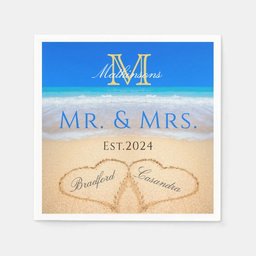 Mr Mrs Beach Wedding Hearts in Sand Monogram  Napkins