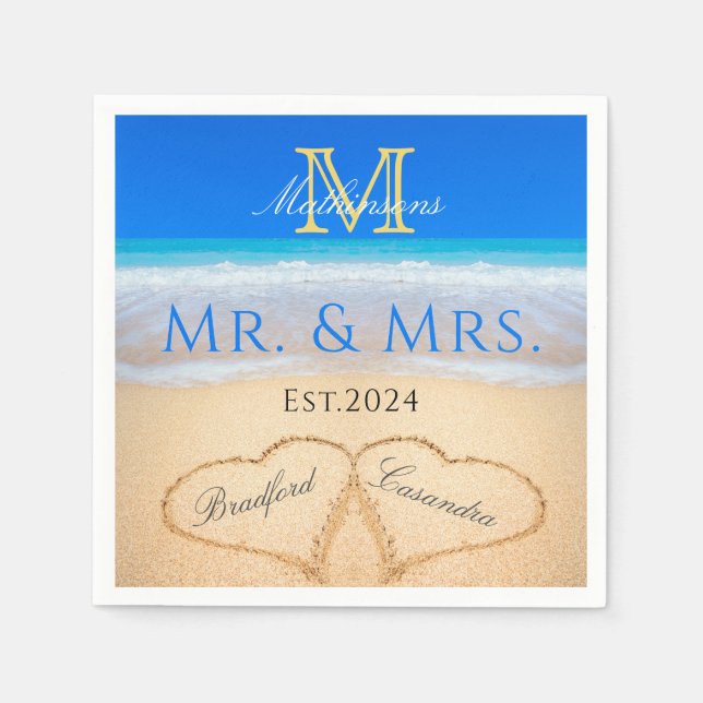 Mr Mrs Beach Wedding Hearts in Sand Monogram  Napkins (Front)