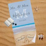 Mr. Mrs. Beach Wedding Hearts Sand Family Monogram Beach Towel<br><div class="desc">Wedding Hearts in Sand Family Monogram,  Brides Mrs. Beach Towel.</div>