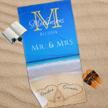 Mr. Mrs. Beach Wedding Hearts Sand Family Monogram Beach Towel<br><div class="desc">Wedding Hearts in Sand Family Monogram,  Brides Mrs. Beach Towel.</div>