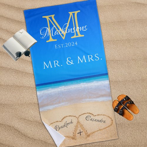 Mr Mrs Beach Wedding Hearts Sand Family Monogram Beach Towel