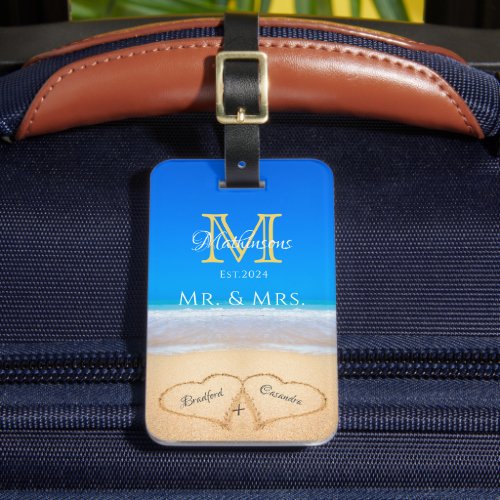 Mr Mrs Beach Wedding Hearts Sand Family Monogram Luggage Tag