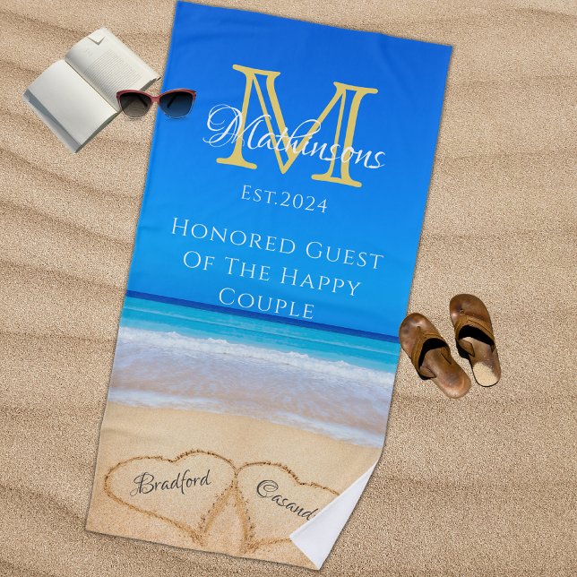 Mr. Mrs. Beach Wedding Hearts Sand Honored Guest Beach Towel (Creator Uploaded)