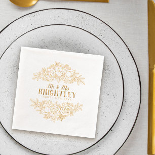 Mr & Mrs Beautiful Gold Foil Roses Floral Wedding Foil Napkins