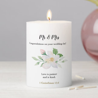 Mr & Mrs bible scripture love is patient wedding Pillar Candle