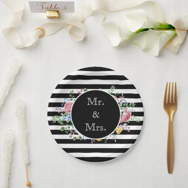 Mr. & Mrs. Black and White Striped Flowers Classic Paper Plates (Wedding)