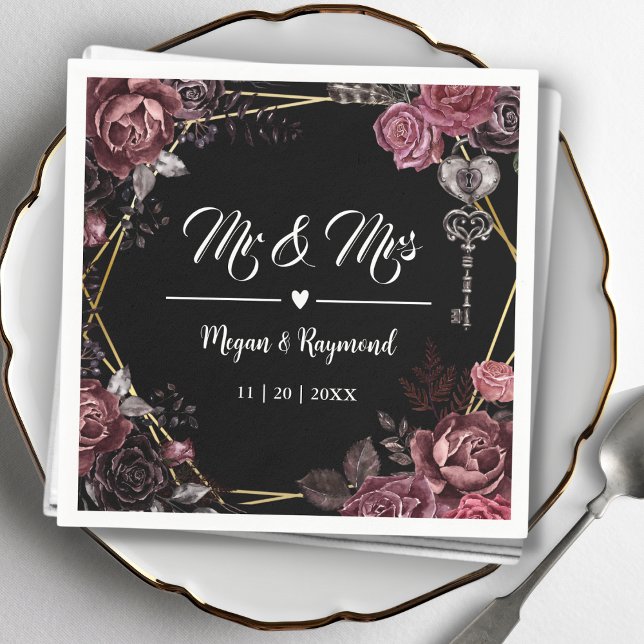 Mr & Mrs | Black Dark Roses Floral Gothic Wedding  Napkins (Creator Uploaded)