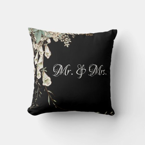 Mr  Mrs Black Floral Script Elegant Wedding Throw Pillow