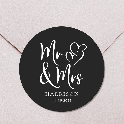 Mr Mrs Black Wedding Classic Round Sticker