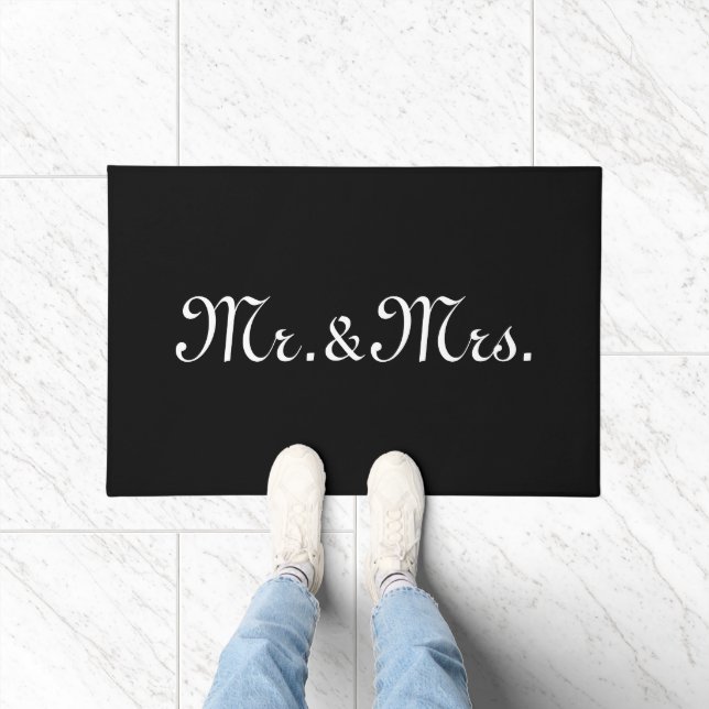 Mr. & Mrs. black white custom script elegant chic Doormat (Indoor)