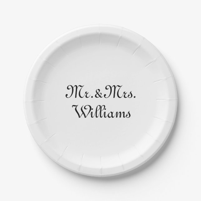 Mr. & Mrs. black white custom script name elegant Paper Plates (Front)