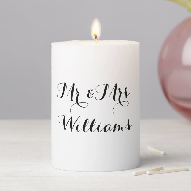 Mr. & Mrs. black white custom script name elegant  Pillar Candle (In Situ)