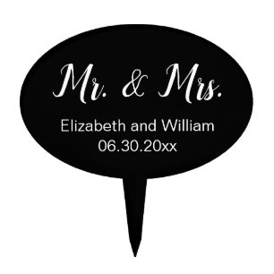 Mr. & Mrs. Black & White Elegant Script Wedding Cake Topper