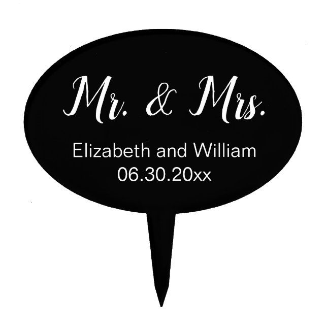 Mr. & Mrs. Black & White Elegant Script Wedding Cake Topper (Front)