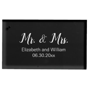 Mr. & Mrs. Black & White Elegant Script Wedding Place Card Holder