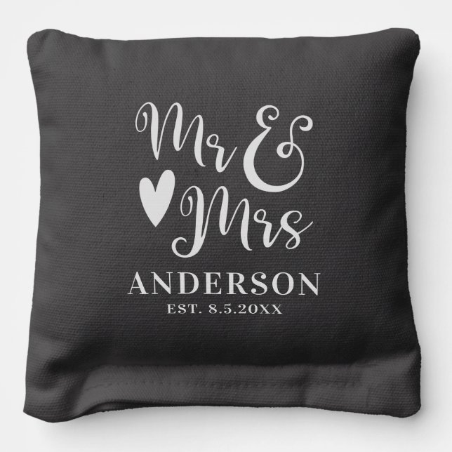 Mr Mrs Black White Monogram Wedding Cornhole Bags (Back 2)