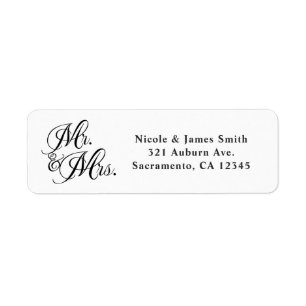 Mr. & Mrs. Black White Script Wedding Invitation Label