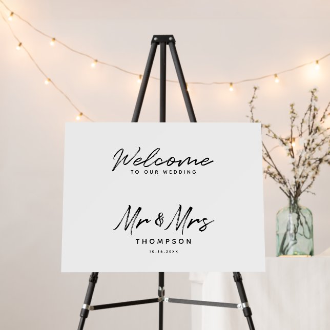 Mr. Mrs. Black White Script  Wedding Welcome Sign (In Situ (Stand))