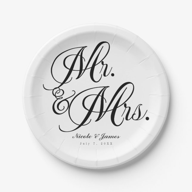 Mr. & Mrs. Black White Wedding Engagement Party Paper Plates (Front)