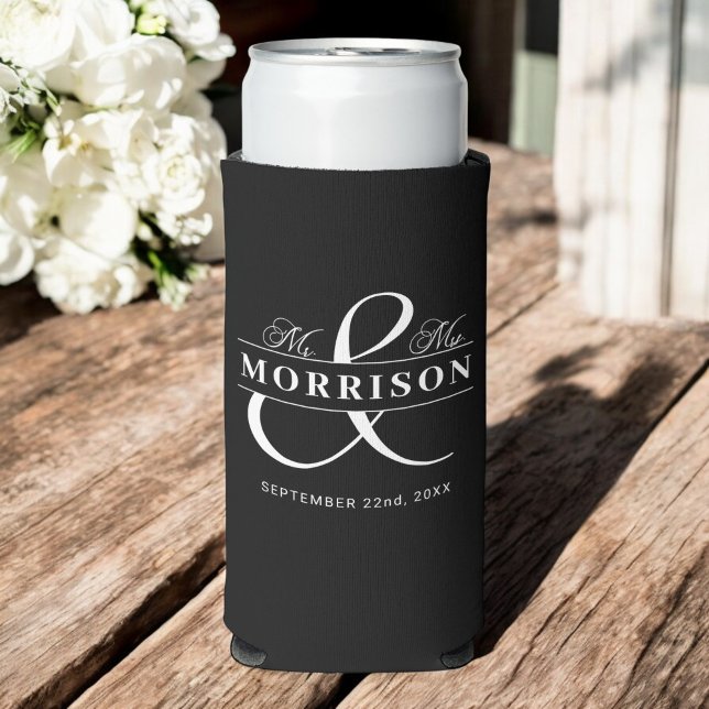  Mr Mrs Black White Wedding Favor Seltzer Can Cooler (Creator Uploaded)