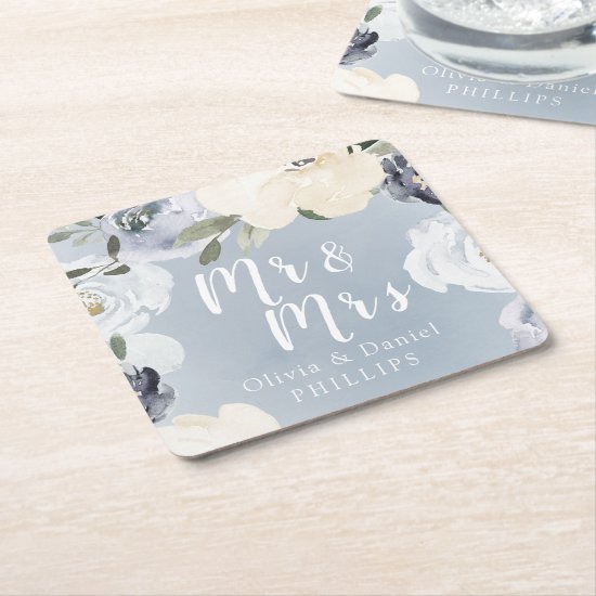 Mr & Mrs Blooming botanical dusty blue floral Square Paper Coaster