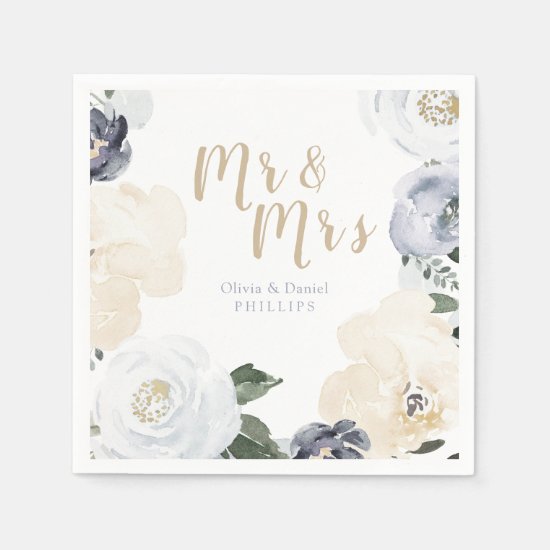 Mr & Mrs Blooming botanical dusty blue wedding Napkin