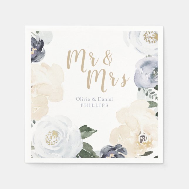 Mr & Mrs Blooming botanical dusty blue wedding Napkins (Front)