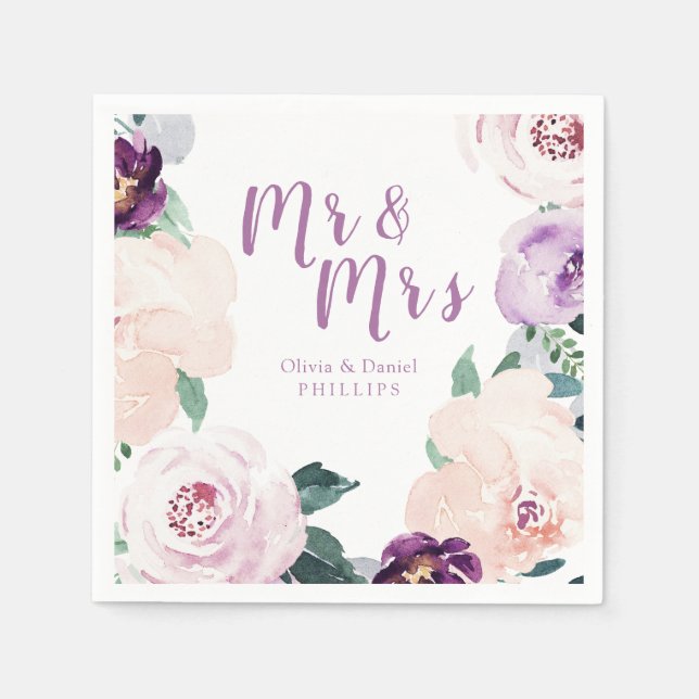 Mr & Mrs Blooming botanical purple floral wedding Napkins (Front)