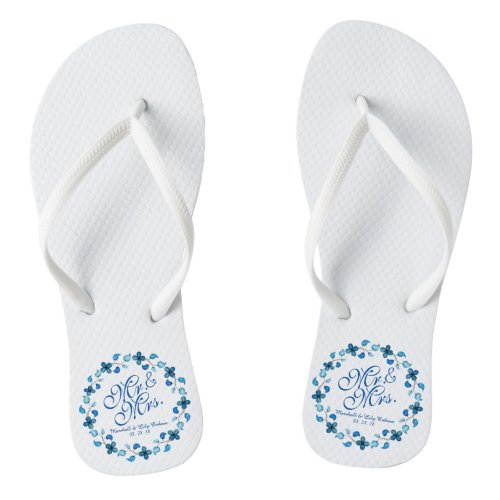 Mr  Mrs Blue Floral Wedding Flip Flops